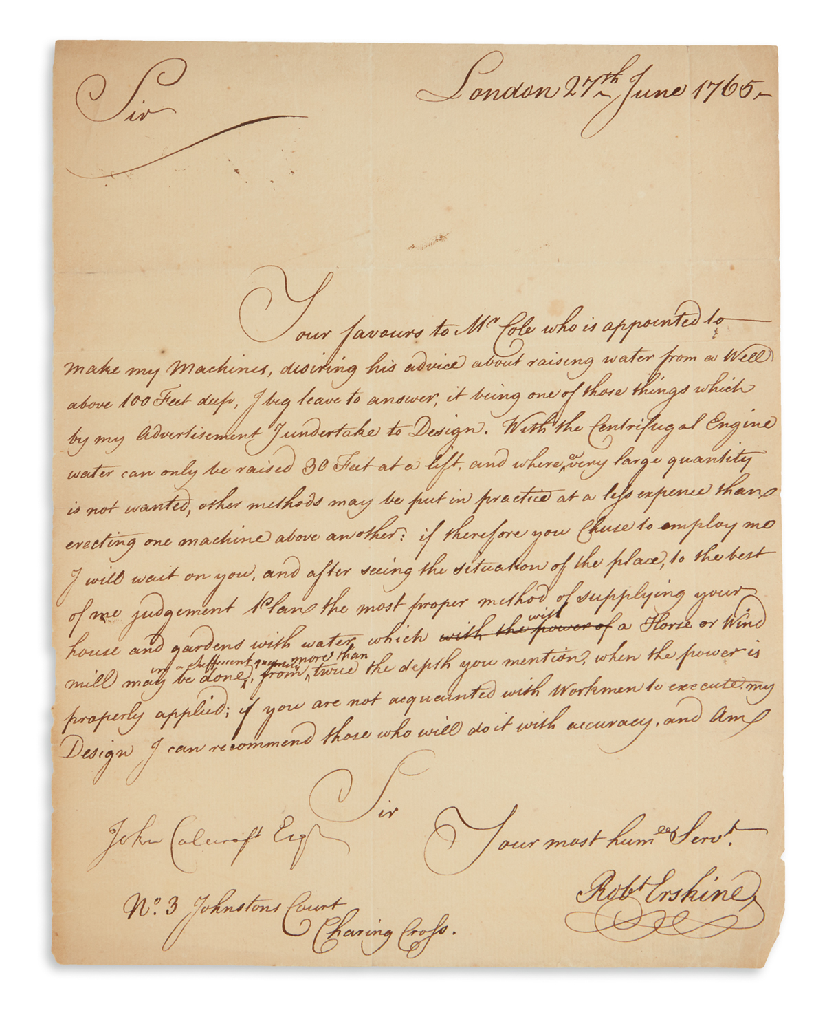 ROBERT ERSKINE. Autograph Letter Signed, RobtErskine, to John Calecroft, offering to design a water pump for...